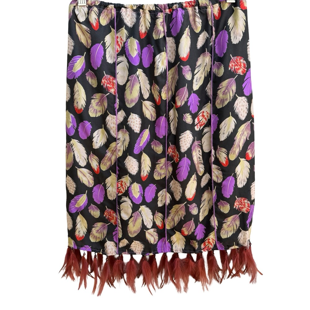 Poleci Y2K Silk Beaded Feather Print Hem Boho Festival Artsy Statement Skirt
